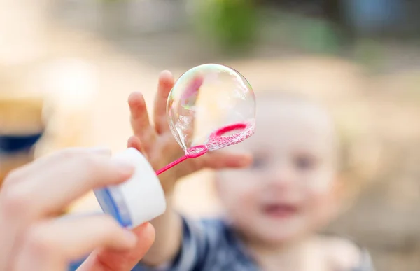 Young Boy Burst Soap Bubble Selective Focus Bubble — Stock Photo, Image