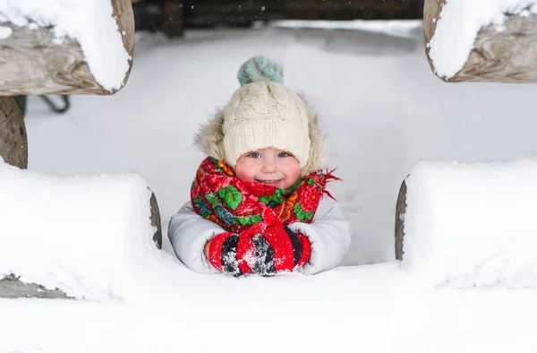 Russian Baby Girl Wearing Hat Fur Hat Warm Mittens Horizontal — Stock Photo, Image