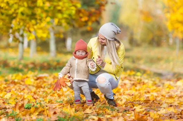 Madre Hija Divirtiéndose Parque Otoño Entre Las Hojas Que Caen — Foto de Stock