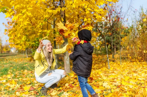Mother Son Having Fun Autumn Park Falling Leaves Autumn Concept — Stock Photo, Image