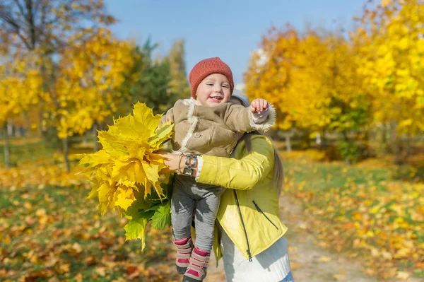 Mother Baby Daughter Having Fun Autumn Park Falling Leaves Autumn — Stock Photo, Image