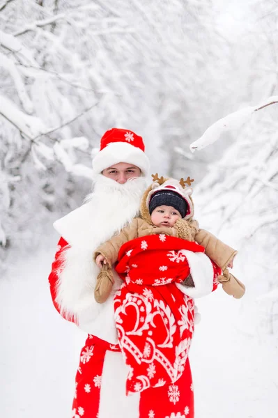 Father Suit Santa Claus Baby Boy Winter Forest Horizontal Portrait — Stock Photo, Image