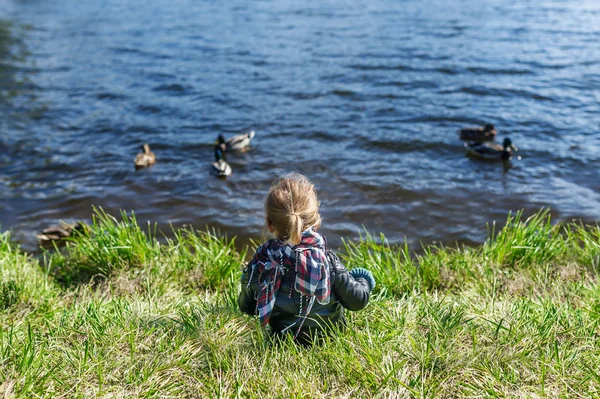 Mała Dziewczynka Siedzi Trawie Patrząc Jezioro Pływające Kaczki Widok Tyłu — Zdjęcie stockowe
