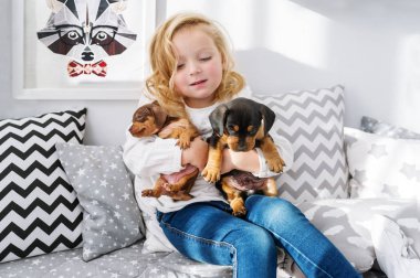 Güzel küçük kız iki küçük sevimli yavru bir dachshund in kucaklar. Yatay dikey