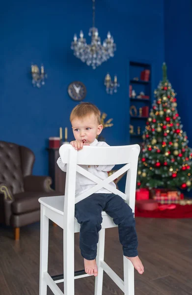Portret Van Kleine Jongen Gelukkig Nieuwjaar Gedecoreerde Kerstboom Kerstdag Helder — Stockfoto