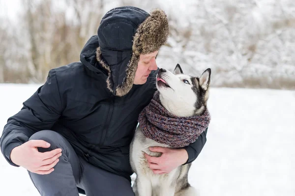 Ägare Kyssar Husky Hunden Fin Vinterdag Närbild Porträtt — Stockfoto