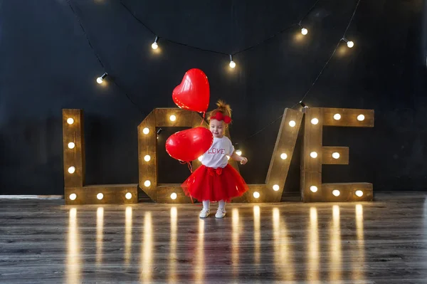 Little Girl Red Balloons Studio Saint Valentine Day Horizontal Photo — Stock Photo, Image