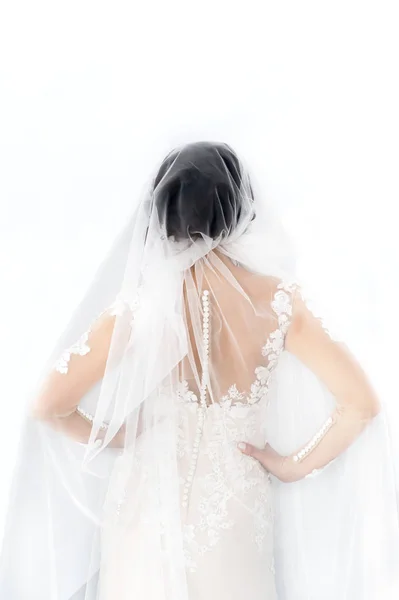 Die Braut steht zurück im Studio auf weißem Hintergrund — Stockfoto