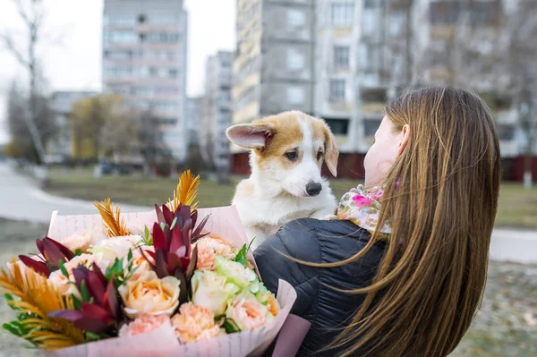 Mujer feliz con flores y con cachorro corgi sobre fondo de calle de la ciudad — Foto de Stock