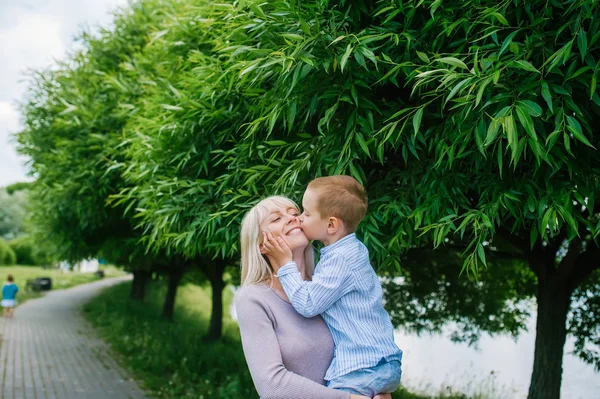 Carino figlio bacia la madre su uno sfondo di erba verde e alberi — Foto Stock