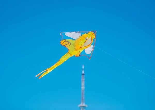 Kite flugor i en sommar blå himmel. Kites Festival — Stockfoto