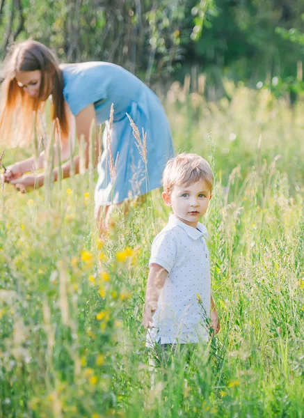 Portrait of little blonde boy in the meadow. His happy mother collects wild flowers at a background. — Stock Photo, Image
