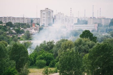 Yangının dumanı ağaçlar dan kaynaklanıyor. Gomel, Beyaz Rusya
