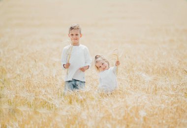 Yaz günü buğday tarlasında kulakları olan iki mutlu çocuk