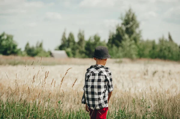 Ένας έφηβος με ένα καπέλο σε ένα καλοκαιρινό χωράφι σιταριού. Αγροτική σκηνή. Περπατάω στη φάρμα. Πίσω όψη — Φωτογραφία Αρχείου