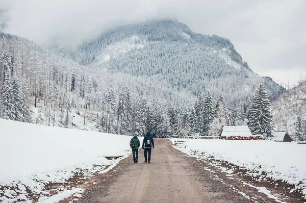 Dwóch młodych podróżników z plecakami chodzić zaśnieżonej drodze w sezonie zimowym. Tatry. Widok z tyłu. — Zdjęcie stockowe