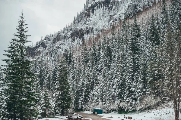 Dois viajantes com mochilas caminham pela estrada nevada na temporada de inverno à distância. Montanhas Tatra . — Fotografia de Stock