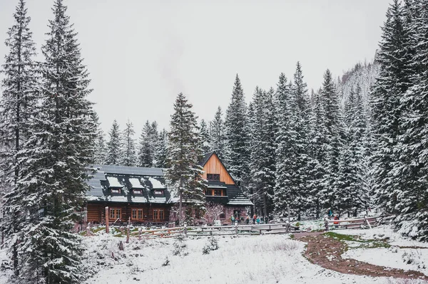 Een uitzicht op een houten huisje met hek bedekt met sneeuw. Tatra-gebergte. — Stockfoto