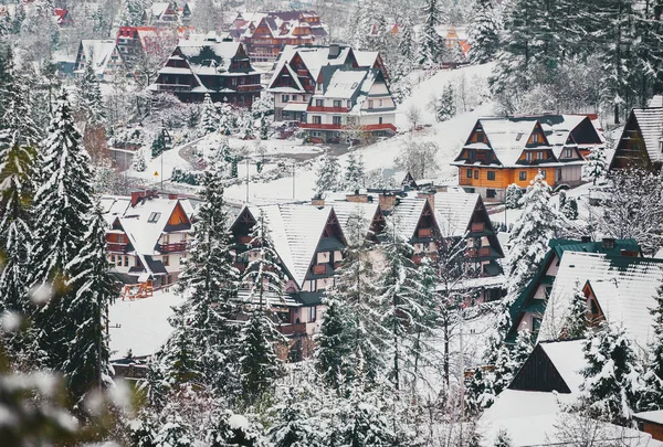 Kleine dorps dorp in de buurt van Zakopane in de winter mistig Morning in Tatra. — Stockfoto