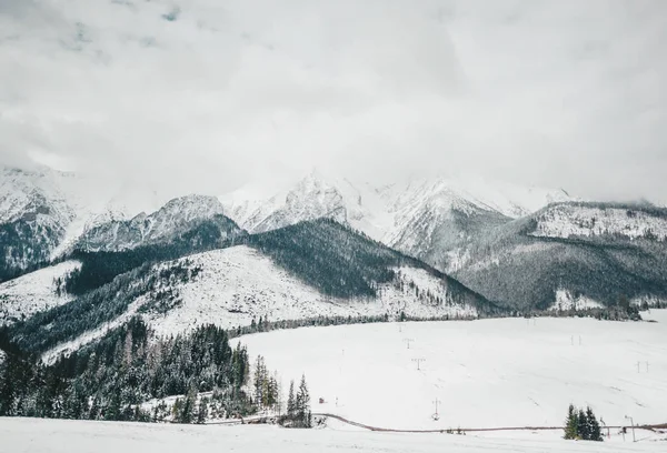 Paisagem na Polônia com vista dramática das montanhas Tatra. Linha de energia correndo ao longo do grande campo nevado . — Fotografia de Stock