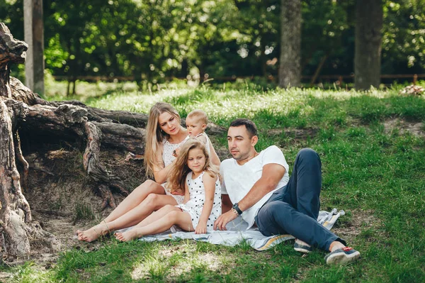 Yaz ormanında piknik keyfi çocuklu aile.