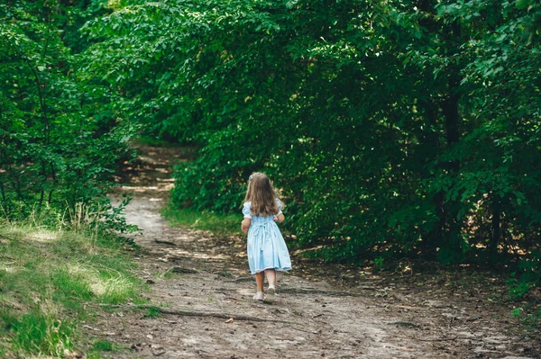 Joven hermosa niña feliz corriendo sobre fondo natural al aire libre Vista posterior . — Foto de Stock