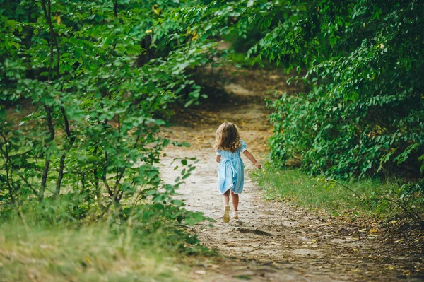 Linda niña en vestido azul corriendo a lo largo del camino forestal. Vista trasera . — Foto de Stock