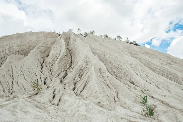 Widok na sterty żużla z suchym krzewu. Rummu, Estonia. — Zdjęcie stockowe