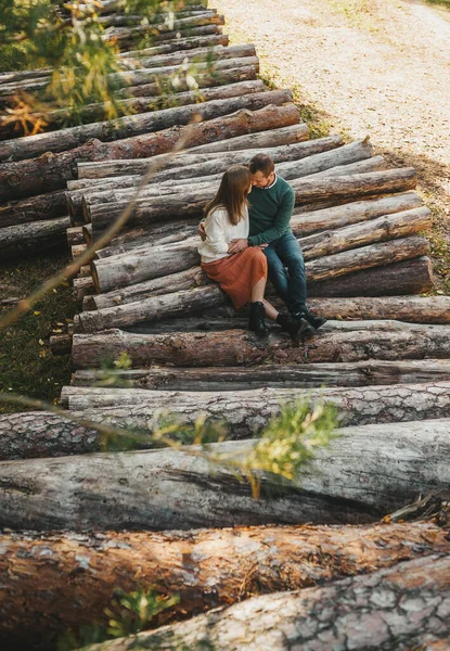 Historia de amor en la pila de leña y troncos en el bosque de otoño . —  Fotos de Stock