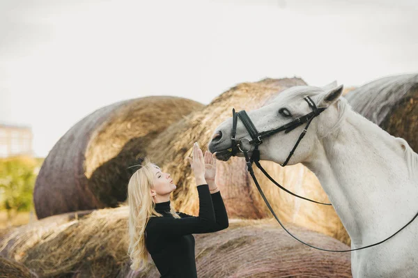 En ung attraktiv blond kvinna leker med en vit häst på en gård. — Stockfoto