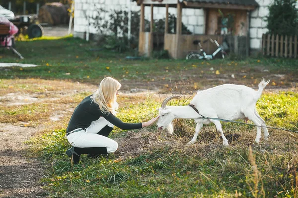 Blond kvinna med långt hår leker med vit get. — Stockfoto