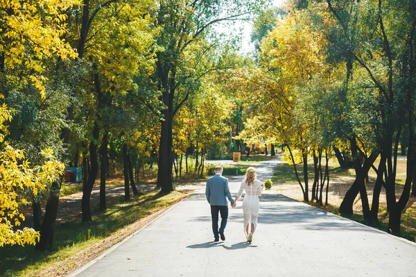 美丽的新婚夫妇在公园的路上离去。 秋林新郎新娘. — 图库照片