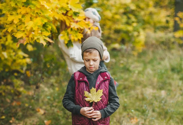 Przystojny chłopak z liściem klonu w jesiennym lesie. Jego mama i młodsza siostra są w tle.. — Zdjęcie stockowe