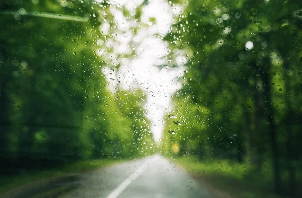 雨后透过汽车挡风玻璃在沥青路面上的湿路上眺望 — 图库照片
