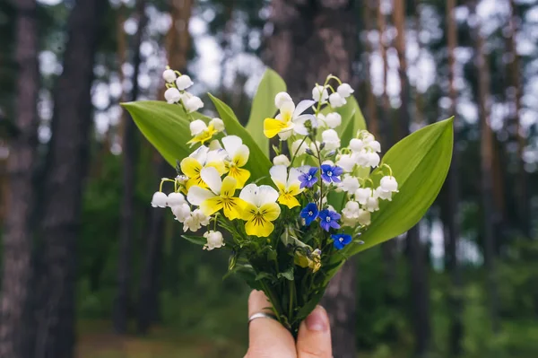 Samičí Ruka Drží Kytice Divokých Květin Pozadí Lesních Stromů Jarní — Stock fotografie