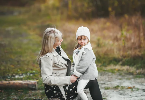 Very Charming Beautiful Blonde Mom Jacket Holding Little Girl Her — Stock Photo, Image