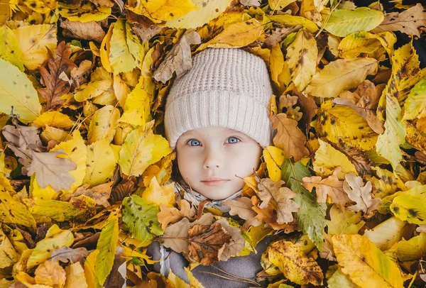 Happy Little Girl Lying Autumn Leaves Outdoor Top View — Stock Photo, Image