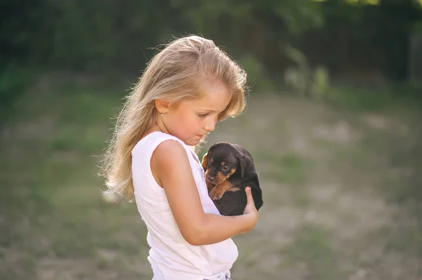 Petite Fille Blonde Robe Blanche Avec Chiot Chien Dans Les — Photo