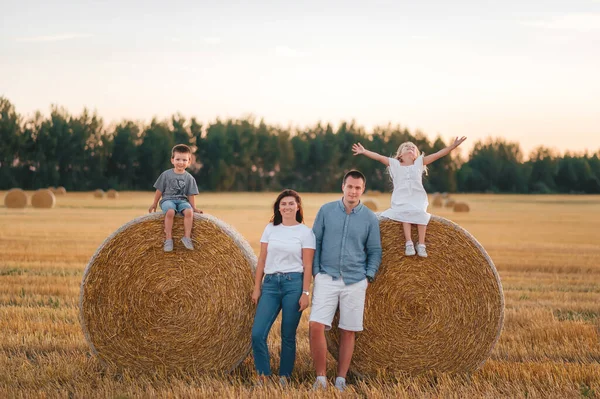 Mother Father Two Children Having Fun Playing Wheat Field Summer — Stock Photo, Image