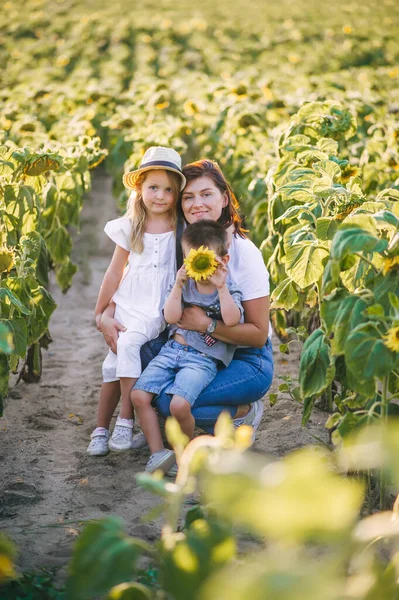 Young Beautiful Mother Blue Jeans Two Her Little Children Field — Stock Photo, Image