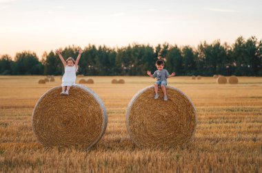 Mutlu çocuklar gün batımında samanlıkta oturuyor. Çocuklar, tarlada oturan çocuklu kız.