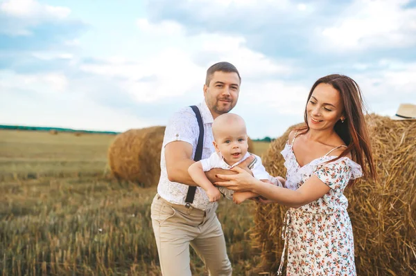 Dad Mom Playing Baby Son Wheat Field Sunset Concept Summer — Stock Photo, Image
