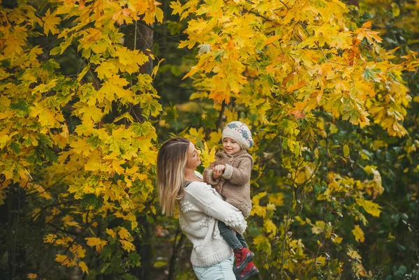 Holčička Užívá Objímá Mladou Mámou Batole Hraje Venku Podzimním Lese — Stock fotografie