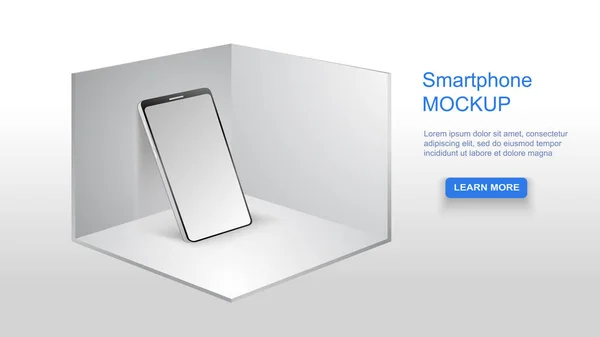 Реалистичный макет смартфона в углу белой комнаты, коробки, подиума. 3d современный телефон с пустым экраном для шаблона. Векторная иллюстрация — стоковый вектор