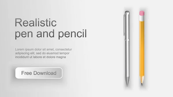 Ensemble de stylos et crayons réalistes. Outils de bureau et scolaires. Isolé sur fond blanc. Vecteur — Image vectorielle