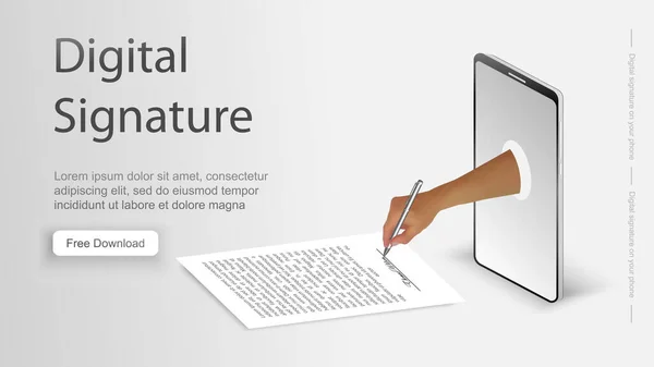 Telefonunda dijital imza var. Gerçekçi bir kalemle el bir sözleşme imzalar. Telekomünikasyon cihazlarıyla belge imzalama kavramı. 3d Vektör