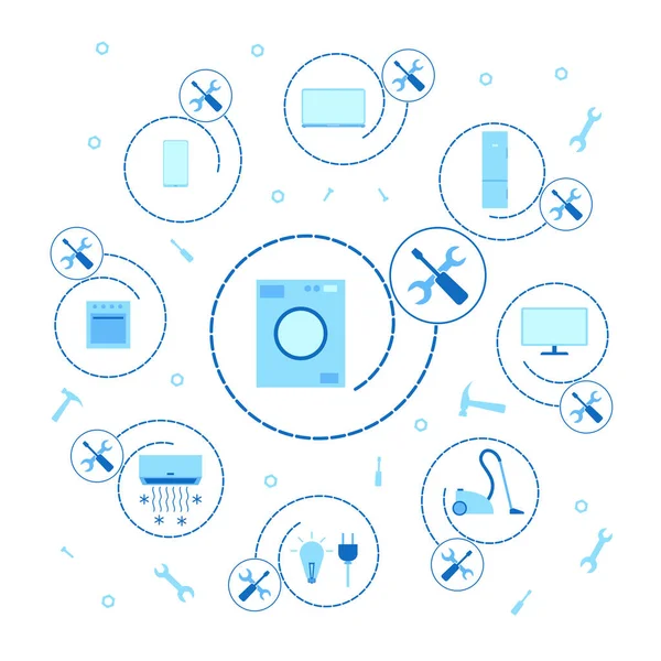 Ev aletleri tamir servisi. Lineer konsepte sahip mobil uygulamalar için ev servisleri olan simgeler. Çamaşır makinesi, bilgisayar, elektrikli süpürge, buzdolabı tamiri. Vektör