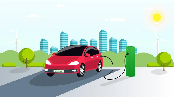 De elektrische auto wordt opgeladen op de parkeerplaats uit hernieuwbare energiebronnen. Groen laadstation voor het voertuig. Slimme stad, groene bomen en struiken op de achtergrond. Vector — Stockvector