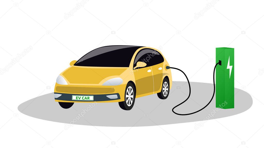 An electro car is charging from a charging station isolated on a white background. Ecological sources of energy. Vector