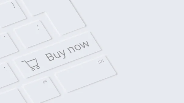 新形式主義スタイルの白いキーボードのクローズアップ.3Dリアリズム。ボタンは今ショッピングトロリーで購入します。Webバナー、モバイルアプリケーション、テキストの空の背景を広告するためのテンプレート。ミニマリズム — ストックベクタ